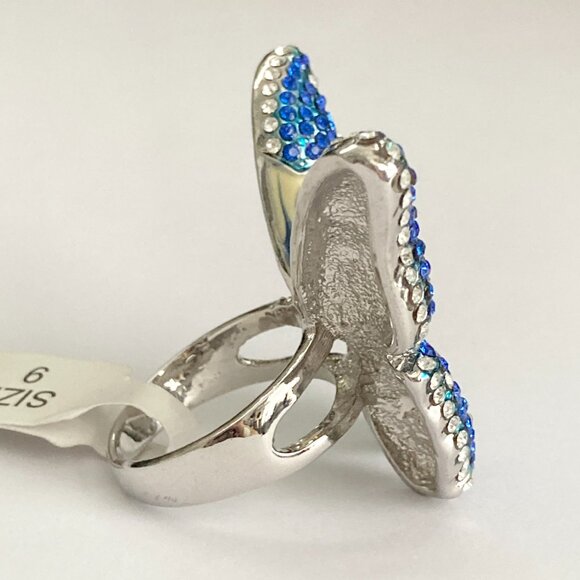 Vintage Blue Butterfly Cocktail Ring Statement Size 7 9 Crystal Rhodium Plated - Picture 4 of 13